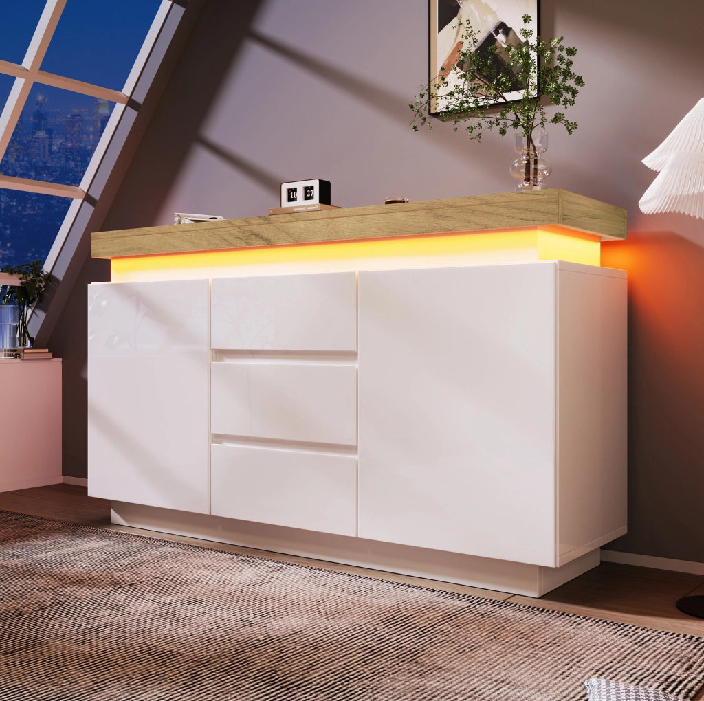 Sideboard bianco lucido con 2 ante, 3 cassetti e illuminazione LED controllabile via app, 81x140x39 cm