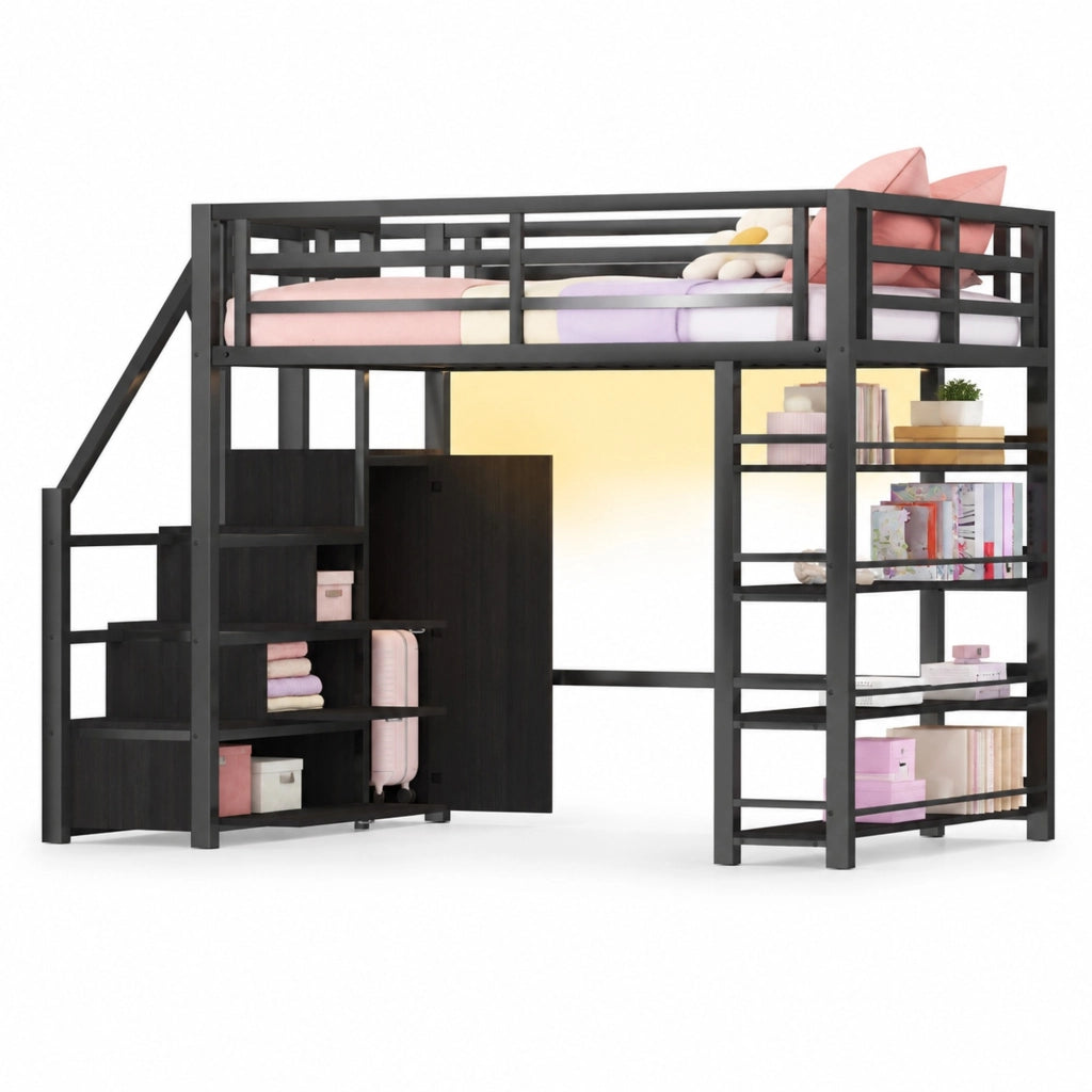 Letto a soppalco 140 × 200 cm con libreria e armadio; scala contenitore e LED in metallo e MDF nero