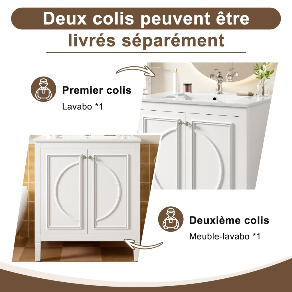 Lavabo da appoggio 76x46,5x88,5 cm bianco, design simmetrico curvo con lavabo integrato, ripiani regolabili, maniglie in metallo e vano porta interno