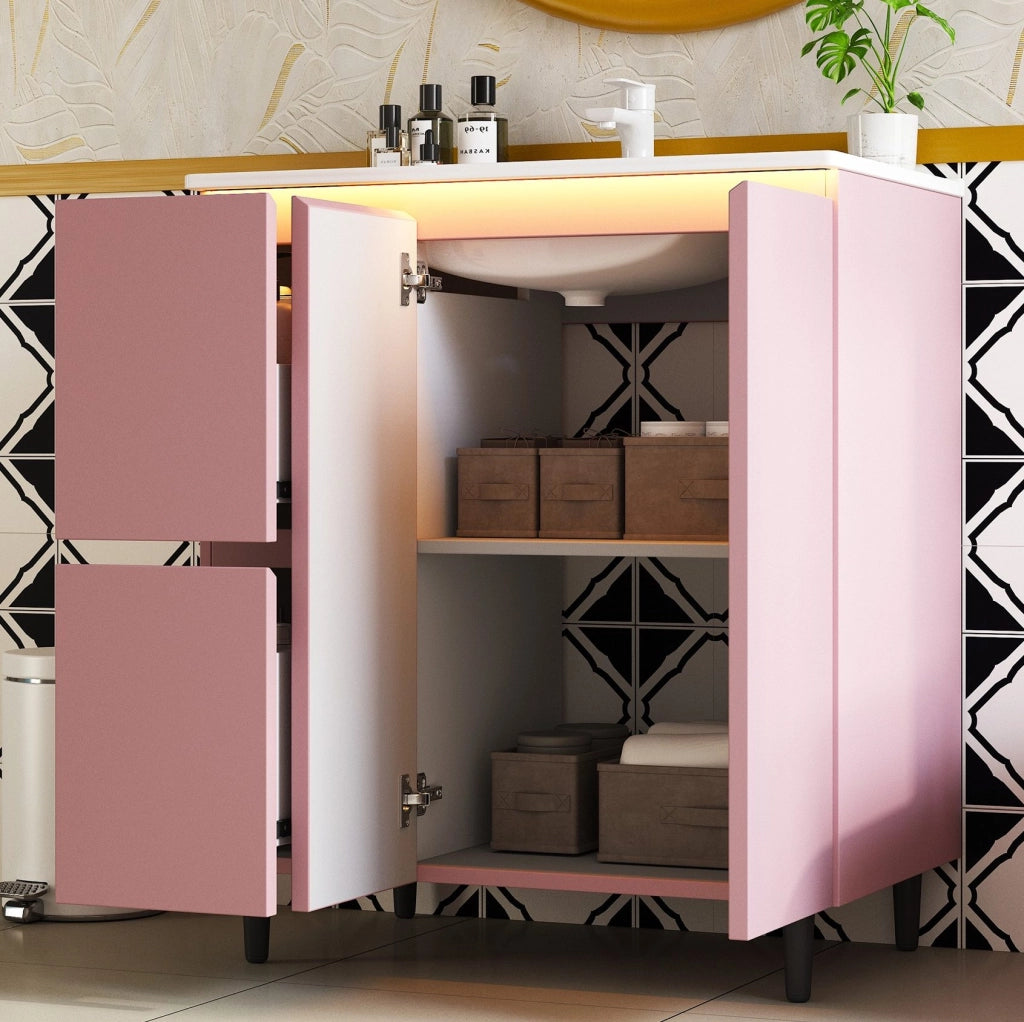 Mobile bagno con lavabo freestanding 76x47x89 cm rosa con luce LED a sensore HOMVRA