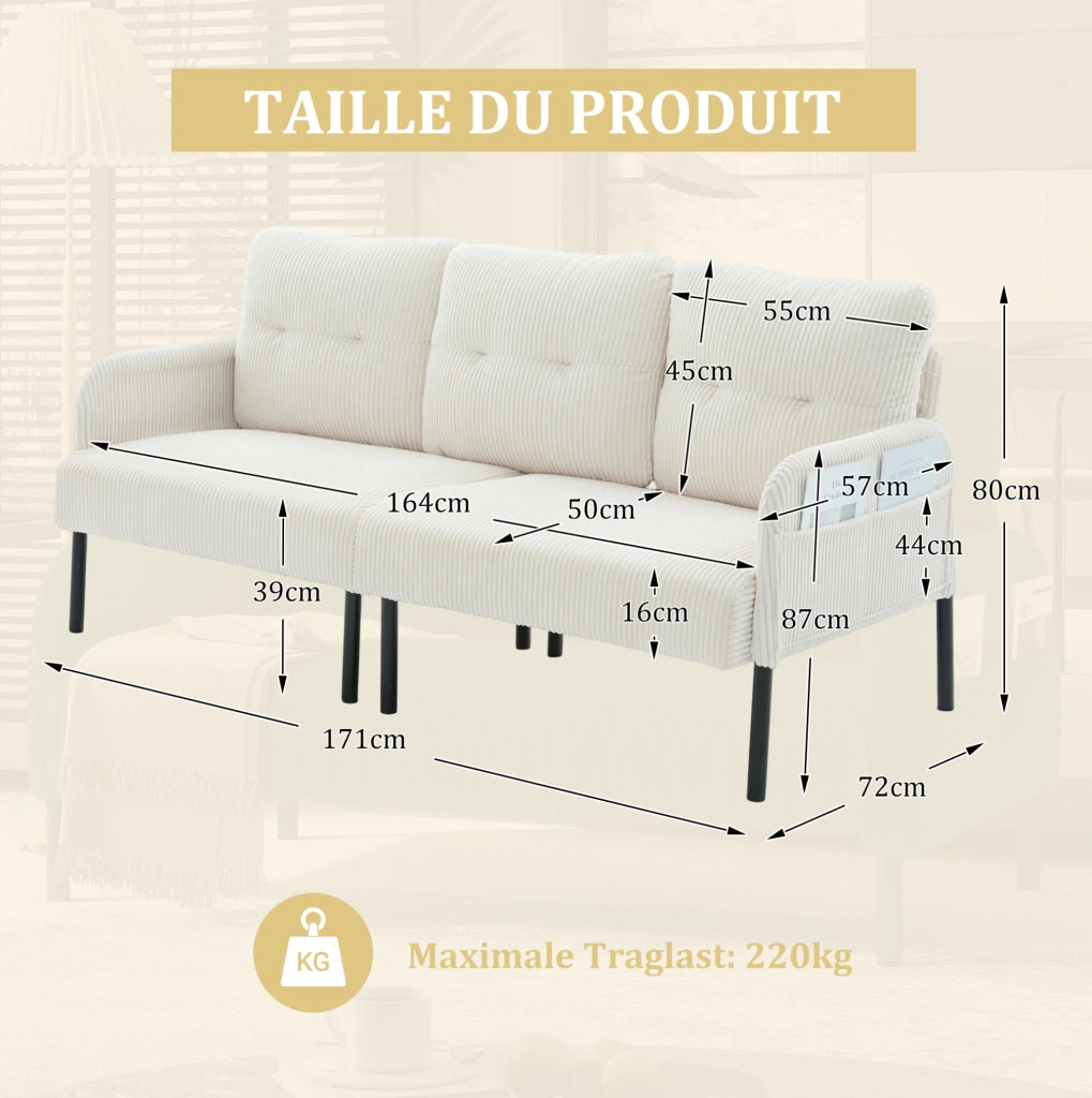 Divano 3 posti in velluto cotone con schienale alto, tasche laterali e struttura in metallo robusto