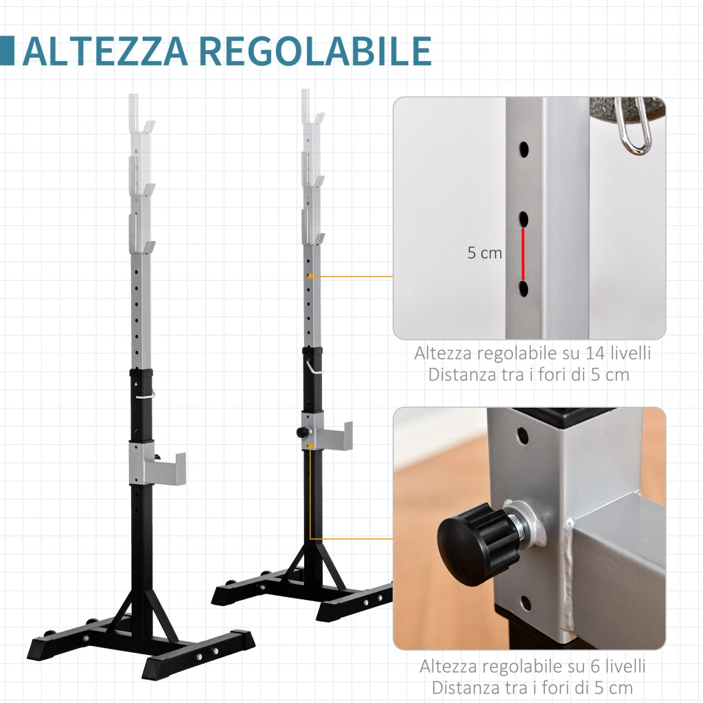 Set 2 Rack Porta Bilanciere in Acciaio Nero Supporto Regolabile Robusto per Casa 55x57x105-170cm 150kg