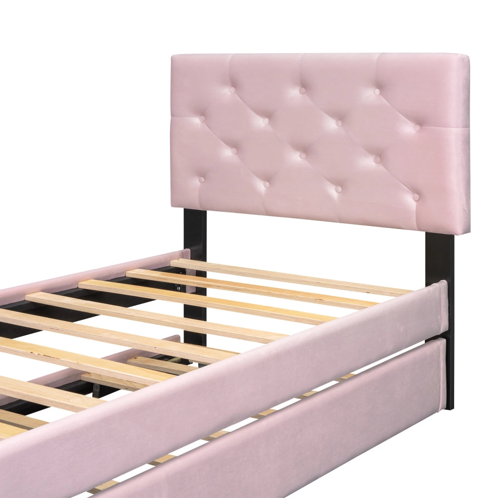 Letto imbottito rosa 90x200 cm in velluto con rete a doghe e letto estraibile