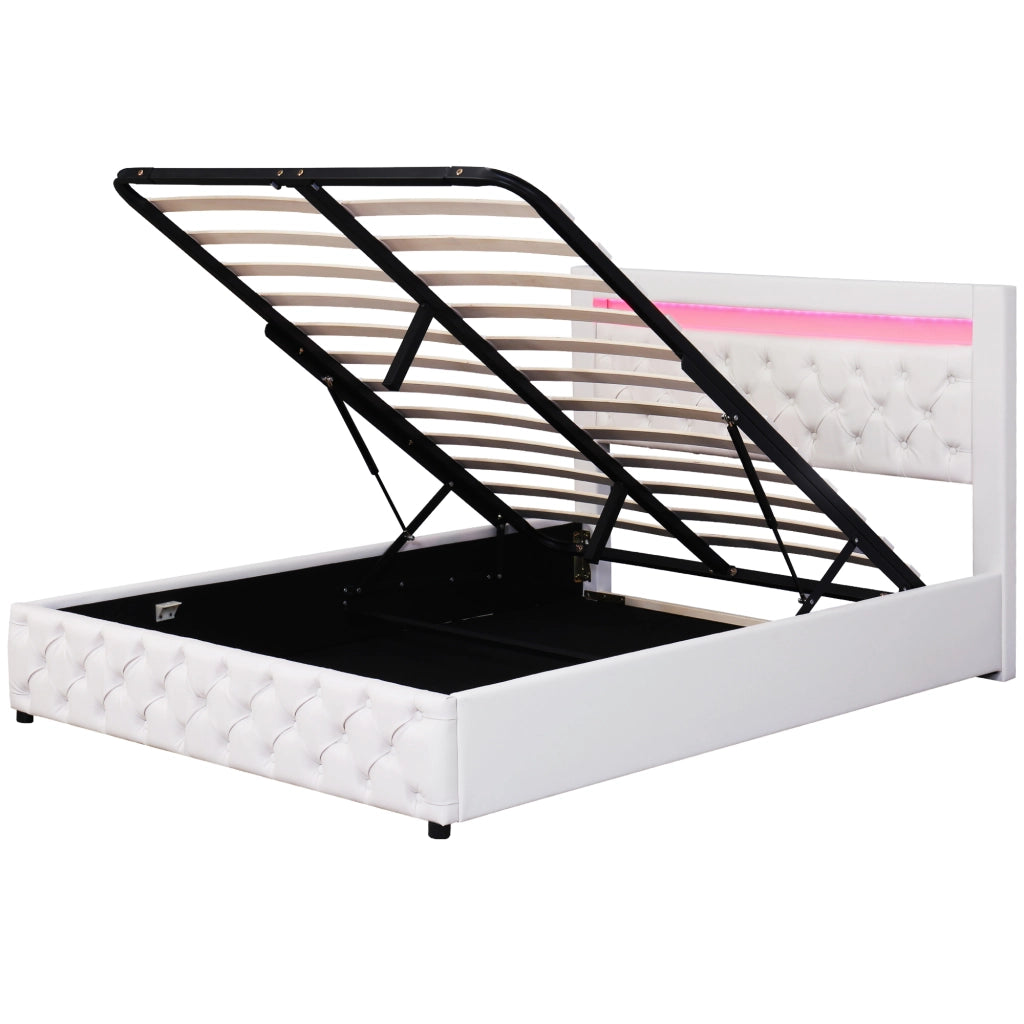 Letto matrimoniale imbottito 140x200 cm con rete a doghe; contenitore e LED; bianco in PU