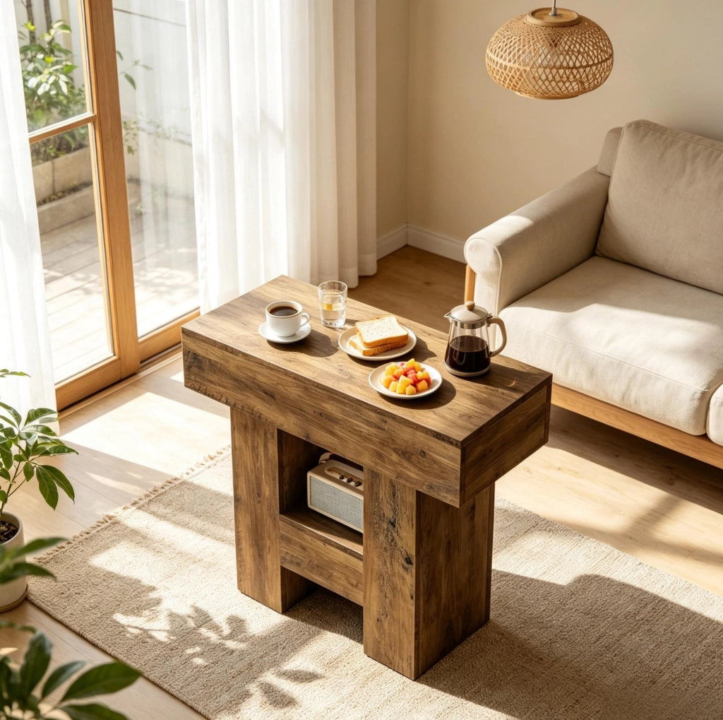 Tavolino stretto multifunzione in MDF con doppio ripiano, per soggiorno e camera da letto, colore naturale