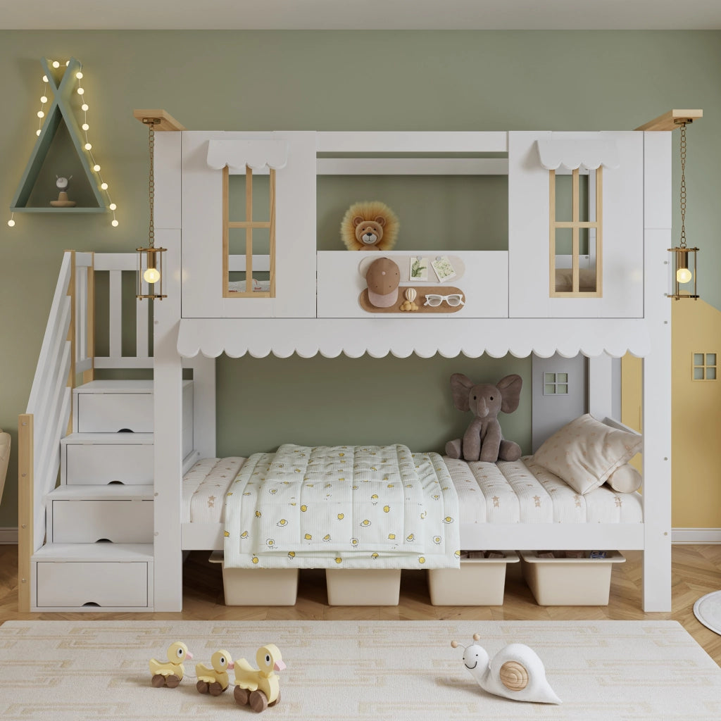 Letto a castello per bambini 90 × 200 cm 2 posti con scala contenitore; senza materasso; bianco e naturale
