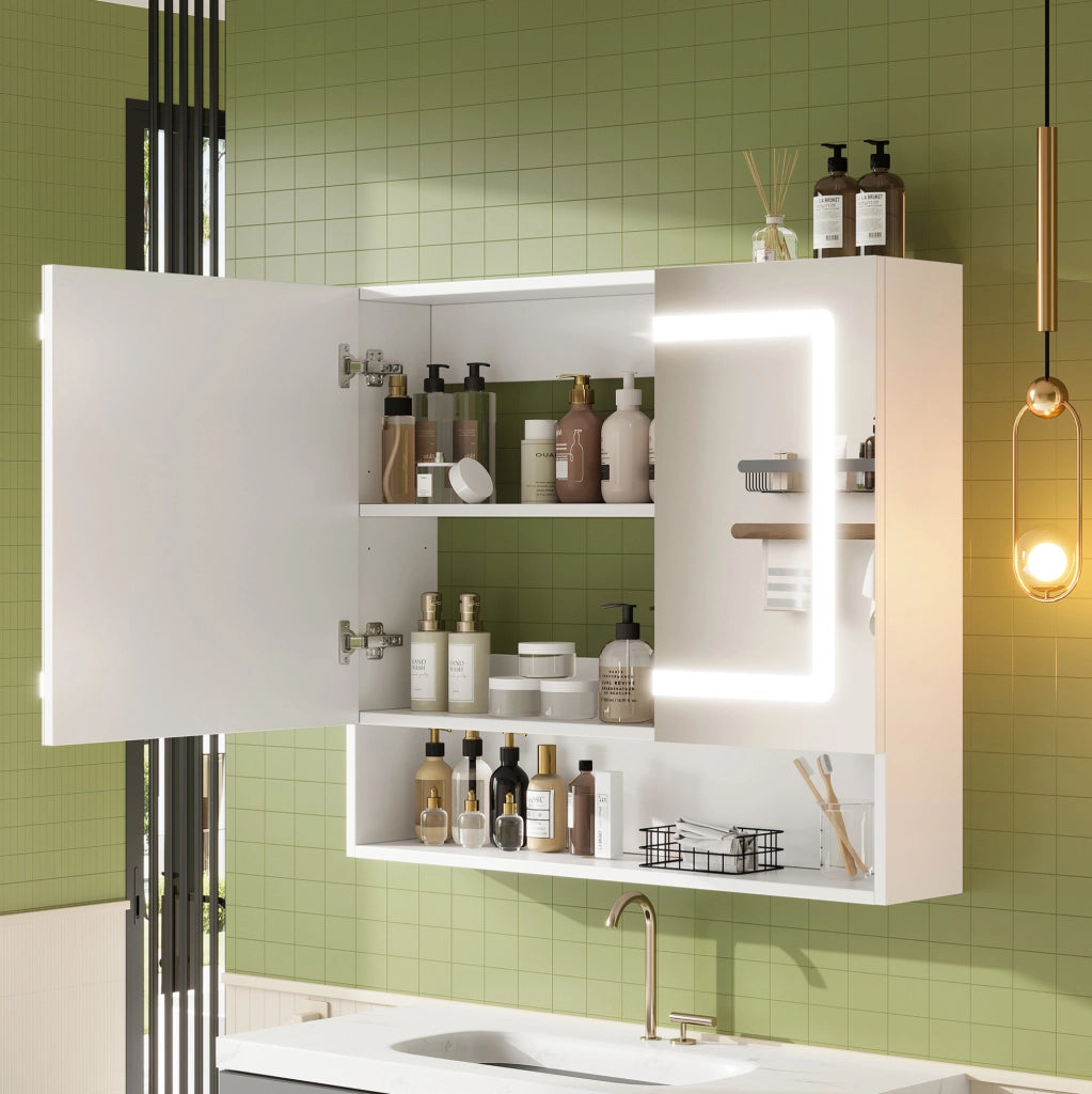 Mobiletto Specchiera da Bagno Bianco con Doppia Porta, LED Dimmerabile e Antinebbia, 80x17x70 cm