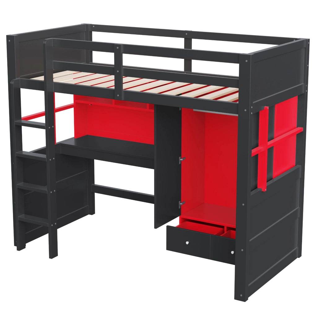 Letto a soppalco 90x200 cm gaming nero e rosso con scrivania; armadio e cassetti