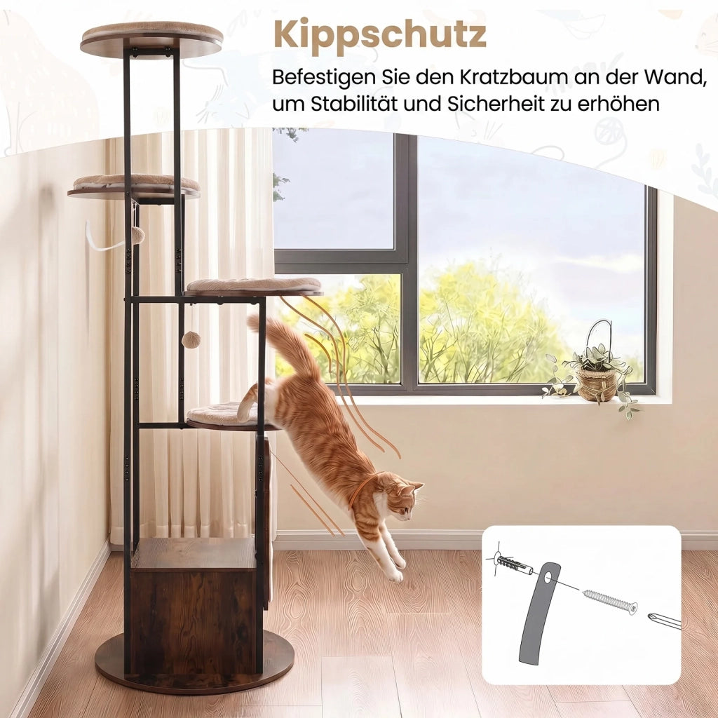 Tiragraffi Casa per Gatti 72-Inch Multi Livello, Piattaforme Superiori, Tappetini Rimovibili Lavabili, Marrone Rustico, Robusto, per Casa