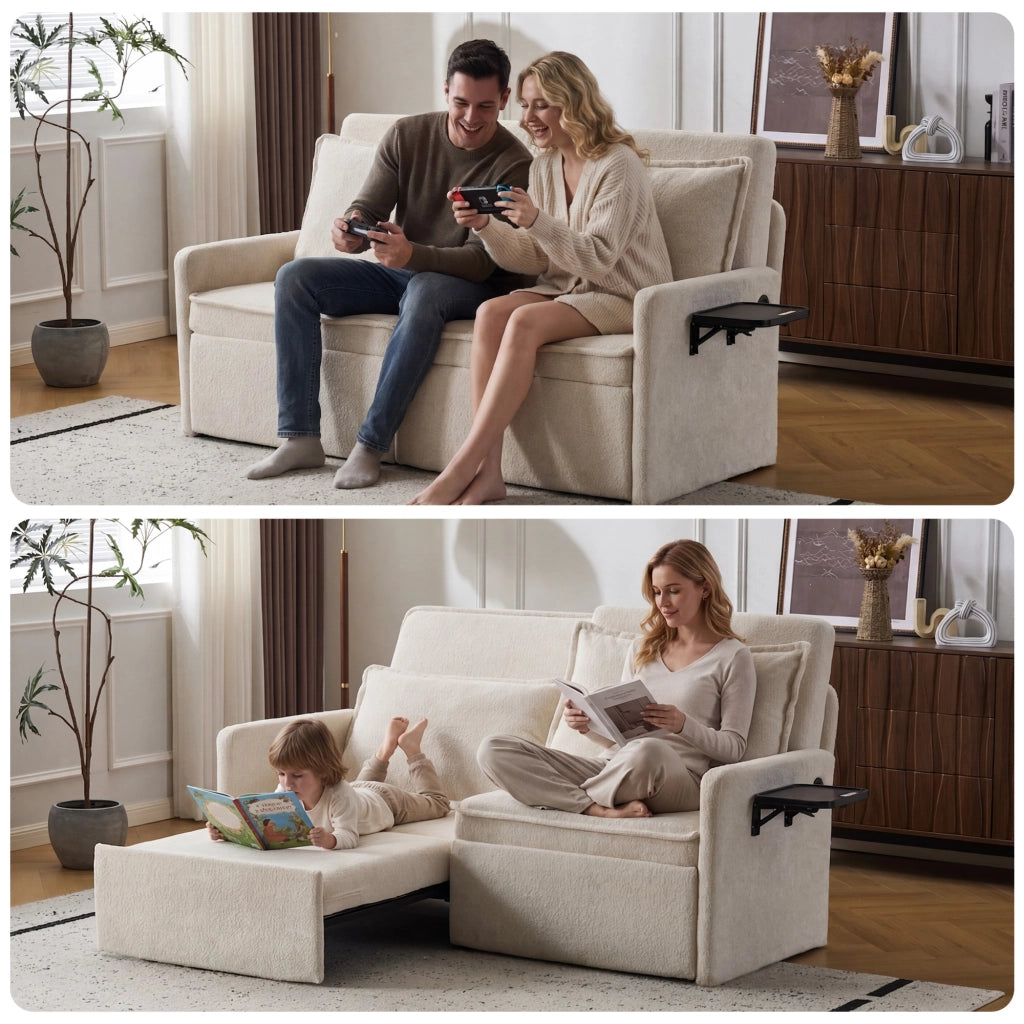 Divano Letto 3 in 1 Beige in Ciniglia con Presa USB e Vano Contenitore, Schienale Regolabile a 5 Livelli e Cuscini Salvaspazio