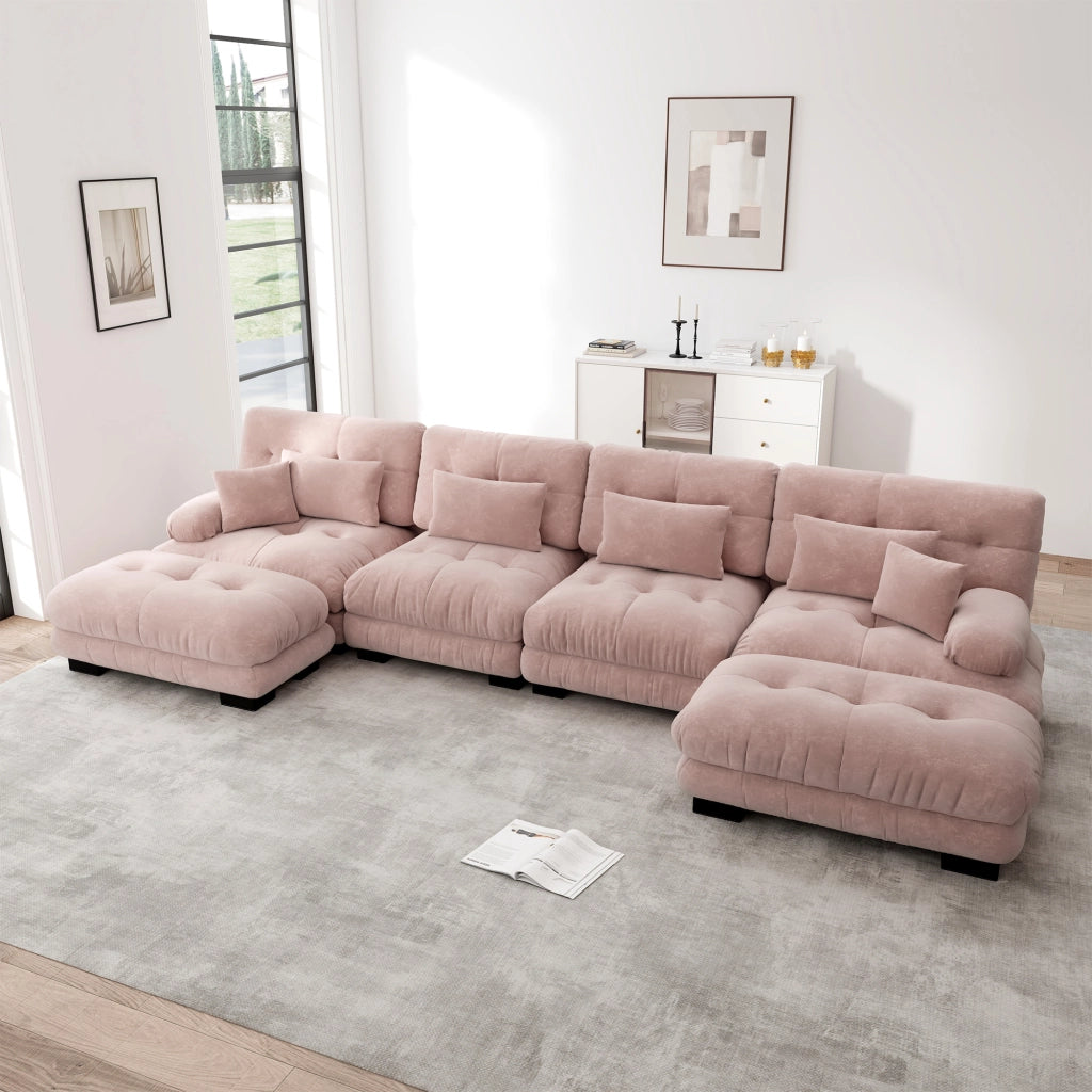 Divano modulare a U 4 posti con ottomane mobili e cuscini di sostegno, in ciniglia rosa 406 × 145 × 81 cm