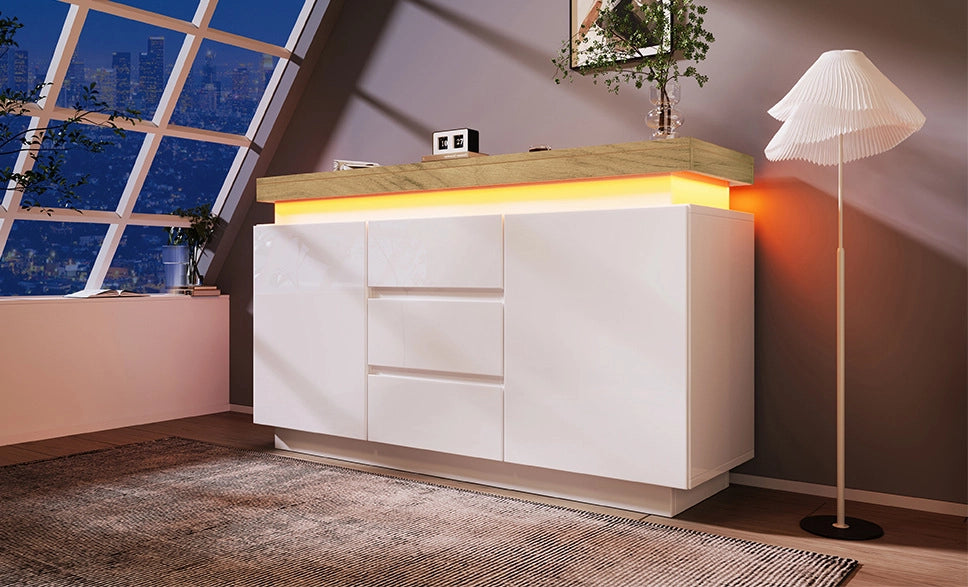Sideboard bianco lucido con 2 ante, 3 cassetti e illuminazione LED controllabile via app, 81x140x39 cm