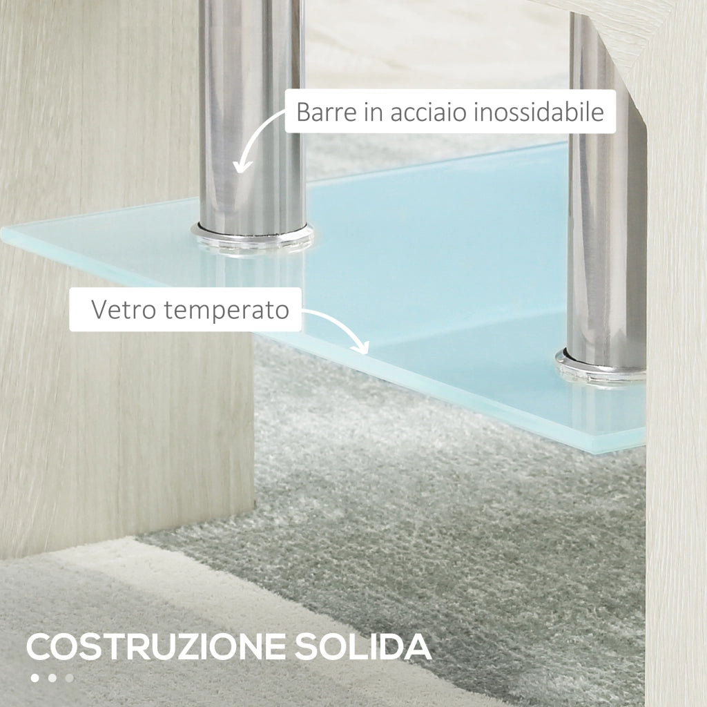 Tavolino da Caff¨¨ Moderno a 2 Livelli in Vetro e Legno, 90x50x42cm, Bianco