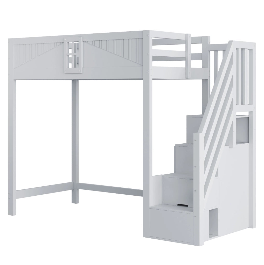 Letto a soppalco in legno massiccio 90x200 cm con scala laterale reversibile e pannello di sicurezza con finestra, colore grigio