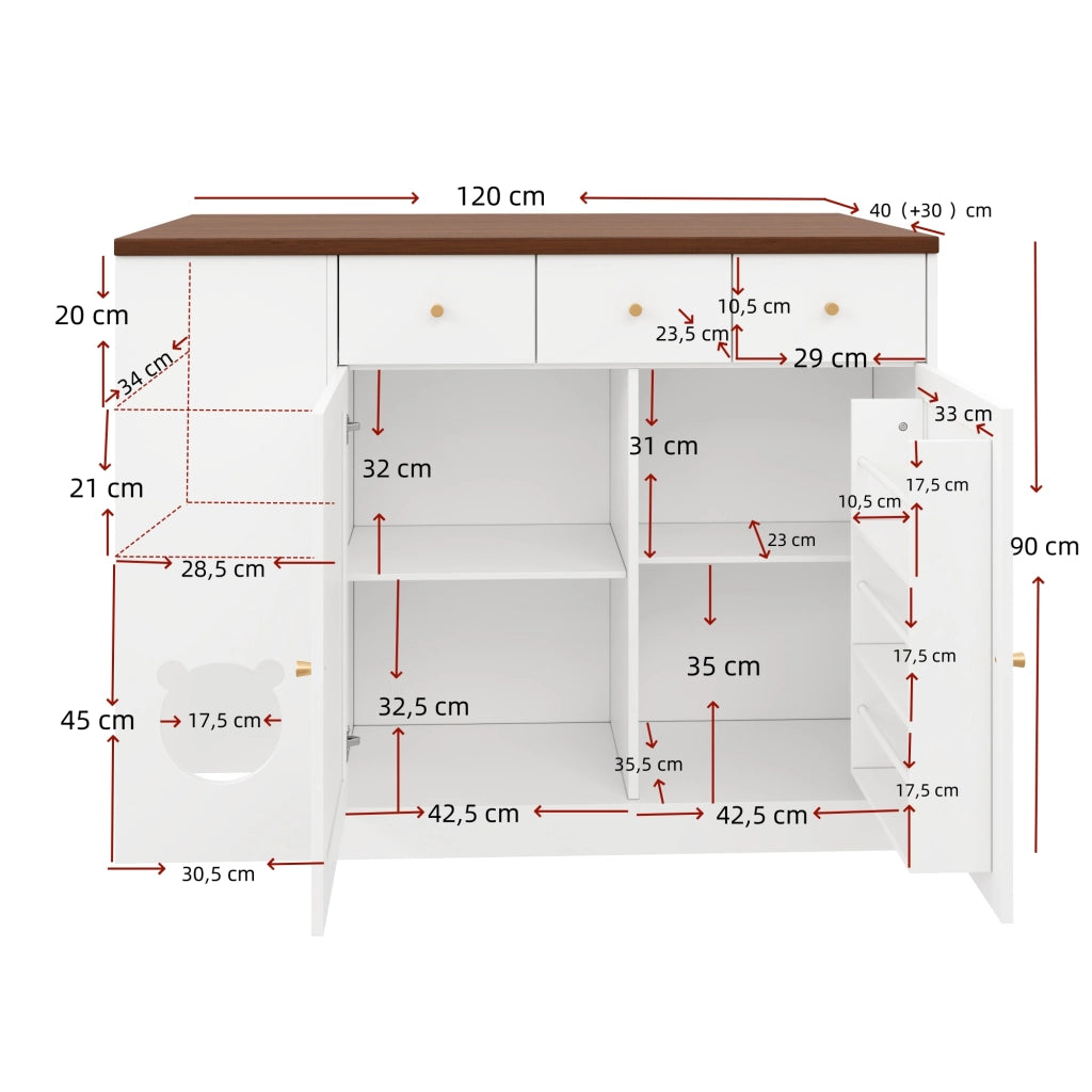 Mobile base da cucina con piano estraibile; 3 cassetti; portaspezie e area pappa per gatto in MDF bianco noce