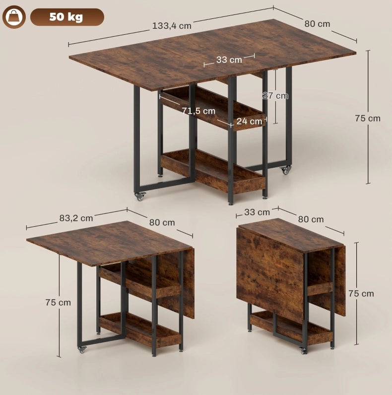 Tavolo da pranzo pieghevole rustico in melaminico 133,4x80x75 cm con 2 ripiani aperti, per 2-4 persone