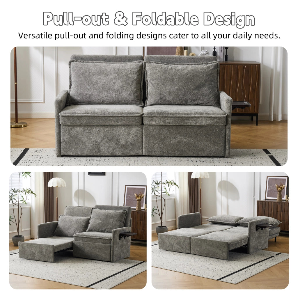 1 Divano letto grigio in chenille 3 in 1 con cuscini, schienale regolabile 5 livelli, USB, contenitore, pieghevole, per casa