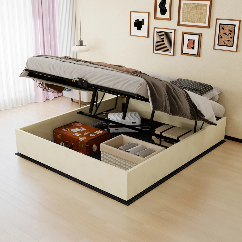 Letto matrimoniale 160 × 200 cm 2 posti senza testiera, materasso incluso, struttura in tessuto e metallo beige