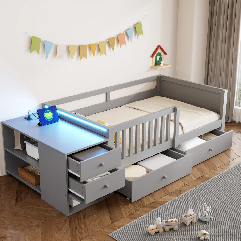 Letto per Bambini 90x200 cm Grigio con Cassetti; Contenitore; LED e Presa Integrata