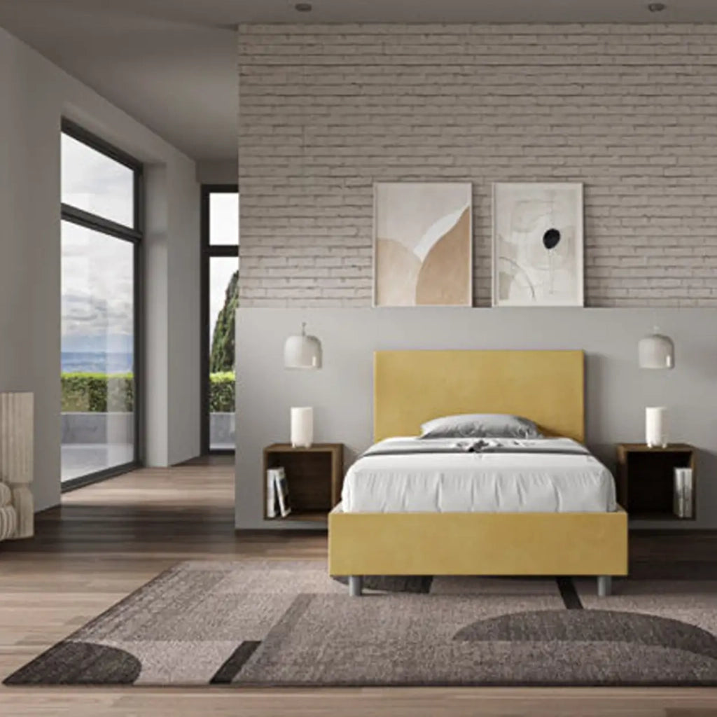 Letto una piazza e mezza con rete imbottito 120x200 microfibra ocra Adele