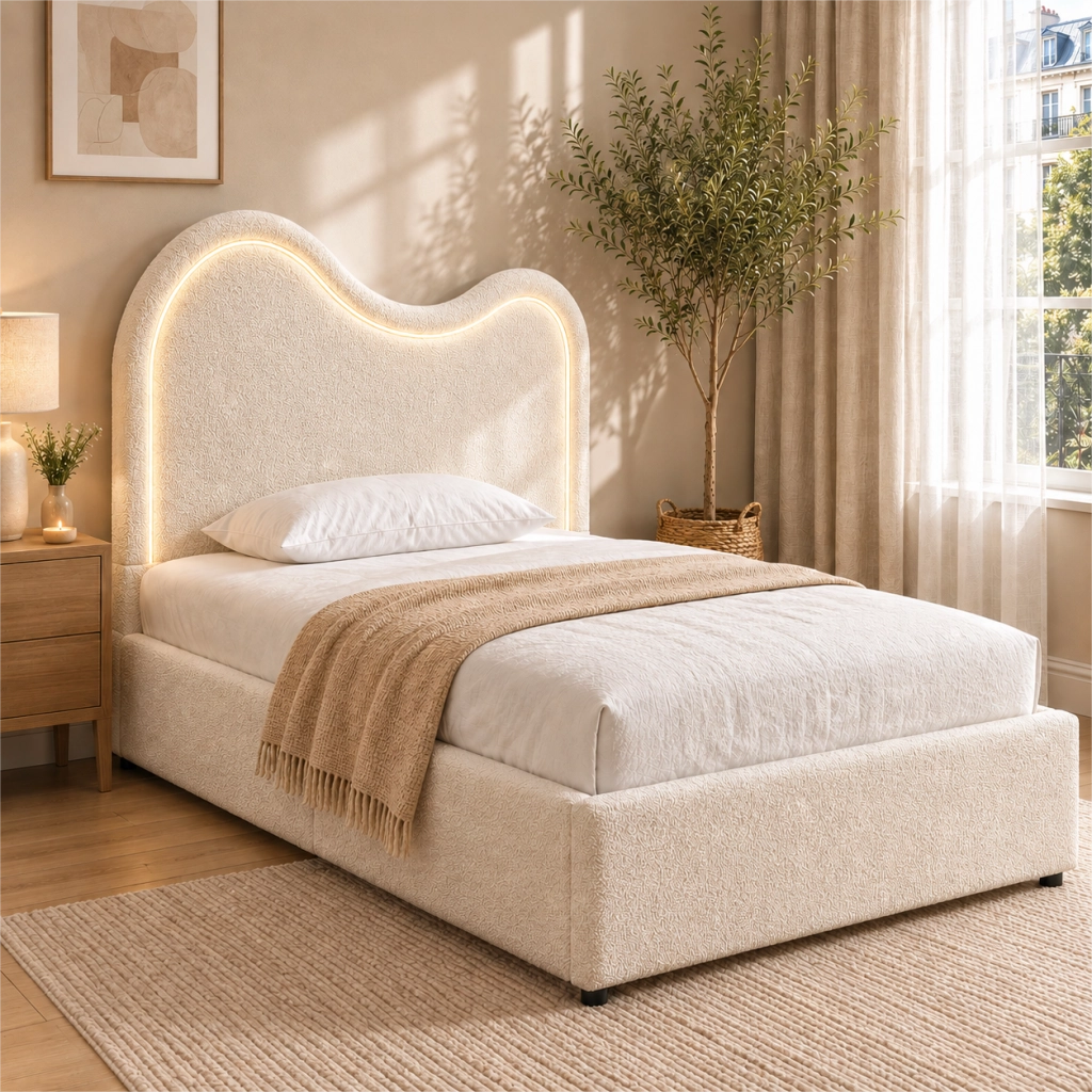 Letto singolo per bambini 90 ¡Á 200 cm con vano contenitore idraulico rete a doghe testiera boucl¨¦ bianco