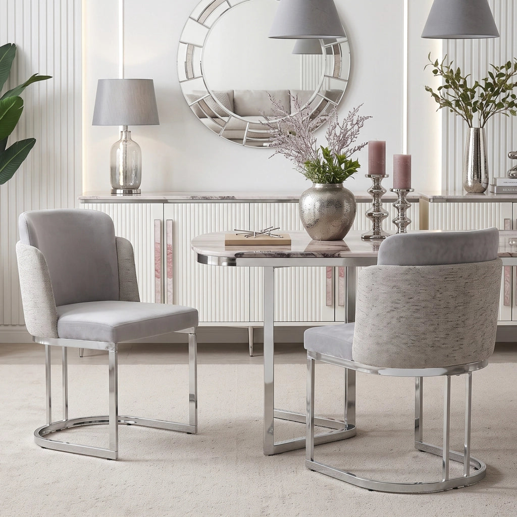 Set di 4 sedie da pranzo in chenille grigio chiaro con gambe in metallo argento