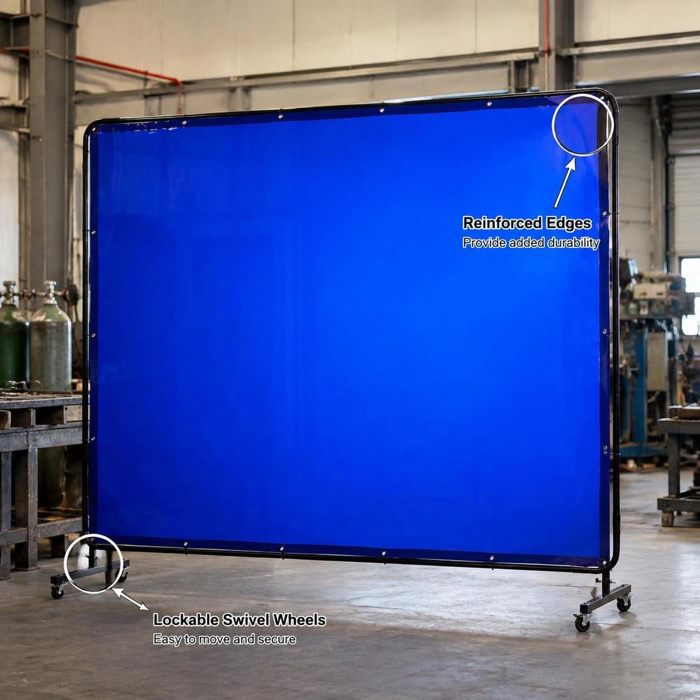 Welding Screen With Frame, 6 X 8 FT Welding Curtain Screen, Flame-Resistant Vinyl Safety Protection Screens With Lockable Swivel Wheels & 6-Level UV Protection For Workshop/Industrial Use, Blue