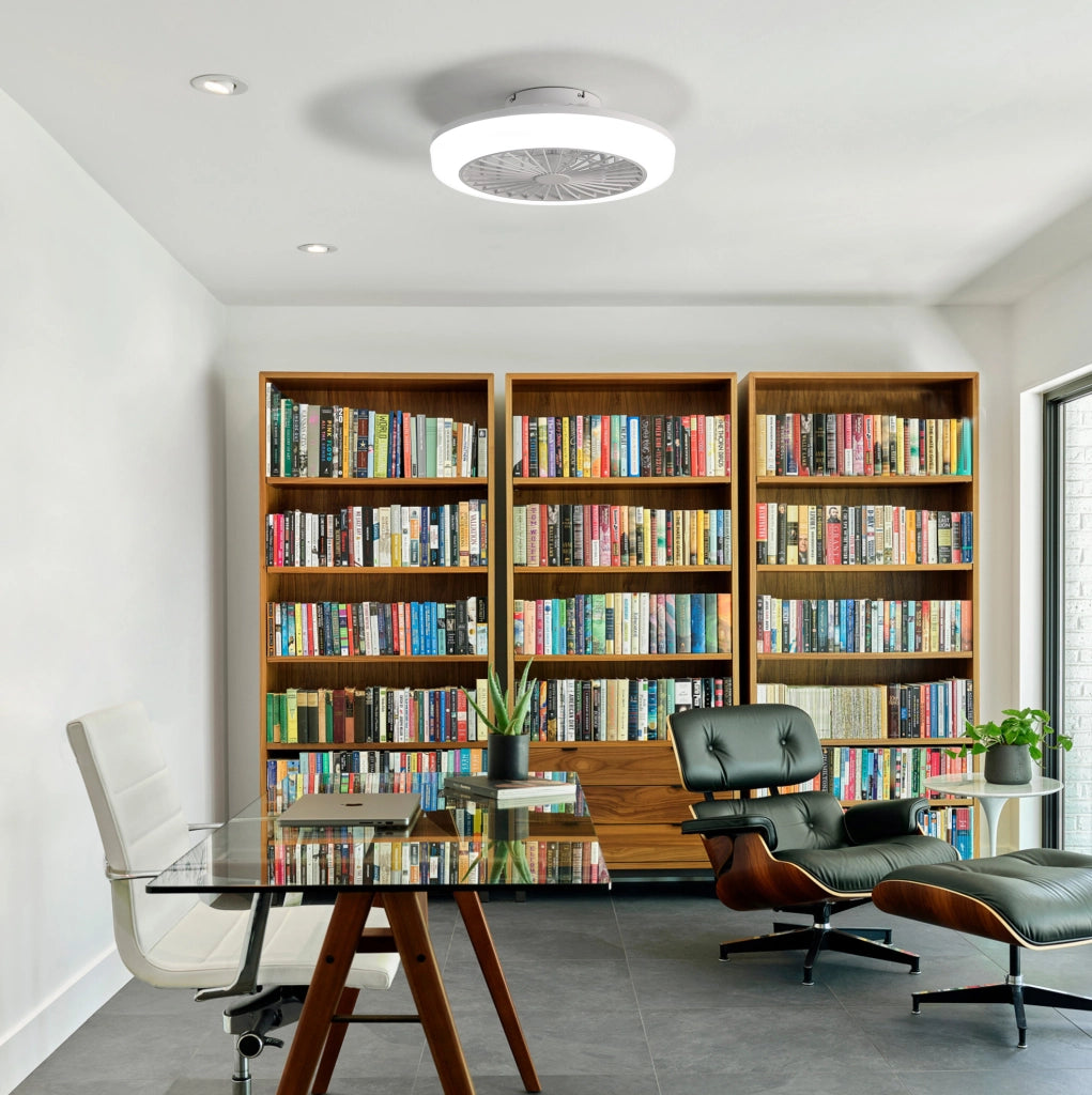 Ventilatore da soffitto 46 cm con luce LED dimmerabile, telecomando e motore DC silenzioso, design senza pale per camera, cucina e sala da pranzo