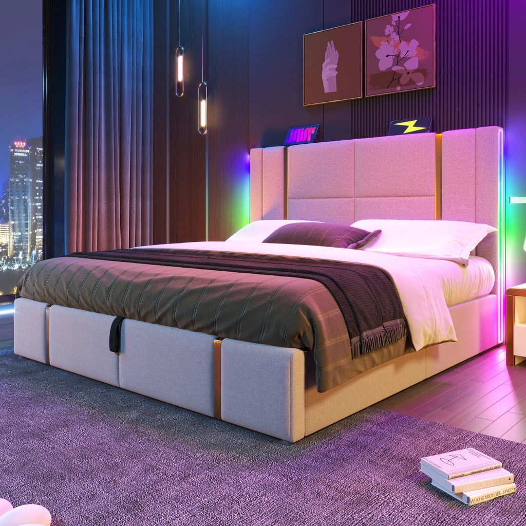 Letto contenitore 140 × 200 cm con testiera imbottita USB Type-C LED RGB e rete a doghe in legno beige