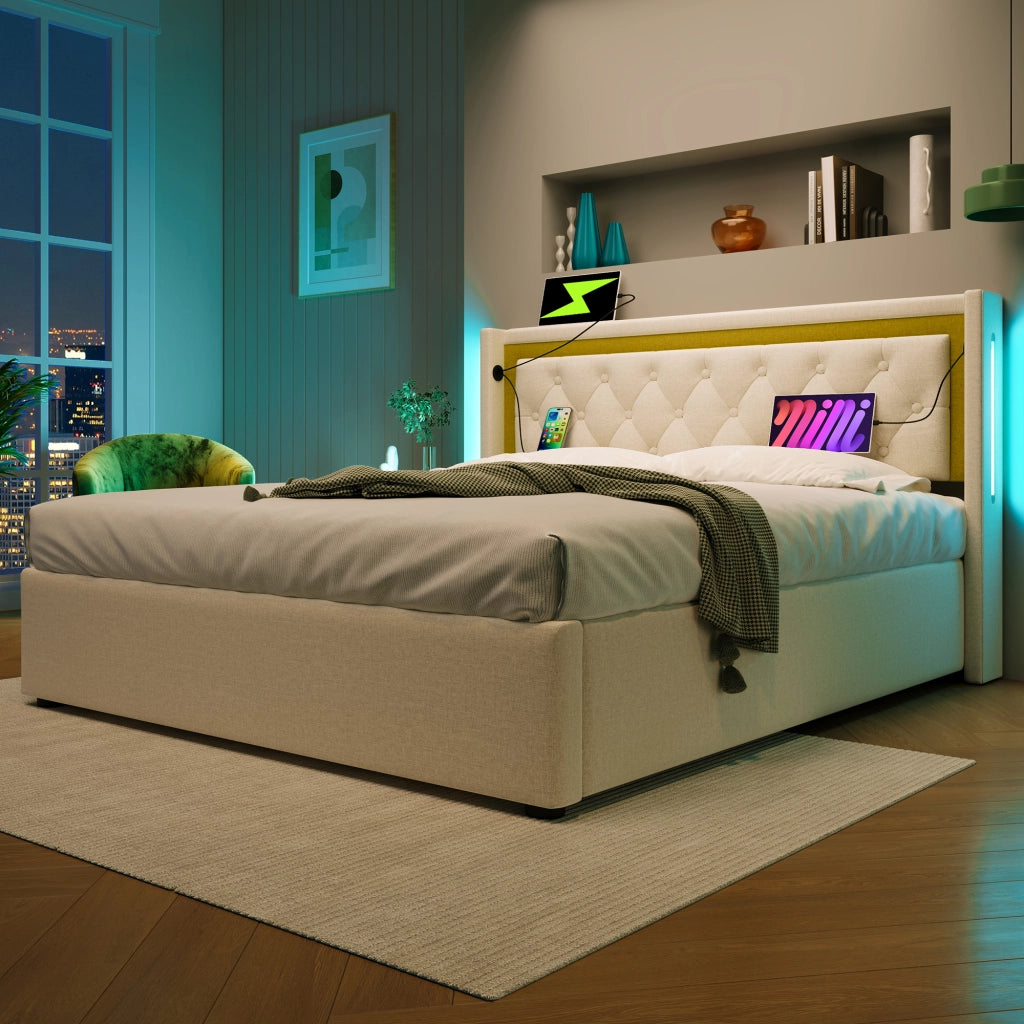 Letto imbottito LED matrimoniale con contenitore e ricarica USB Type-C, struttura in cotone, 140x200 con rete a doghe (senza materasso)