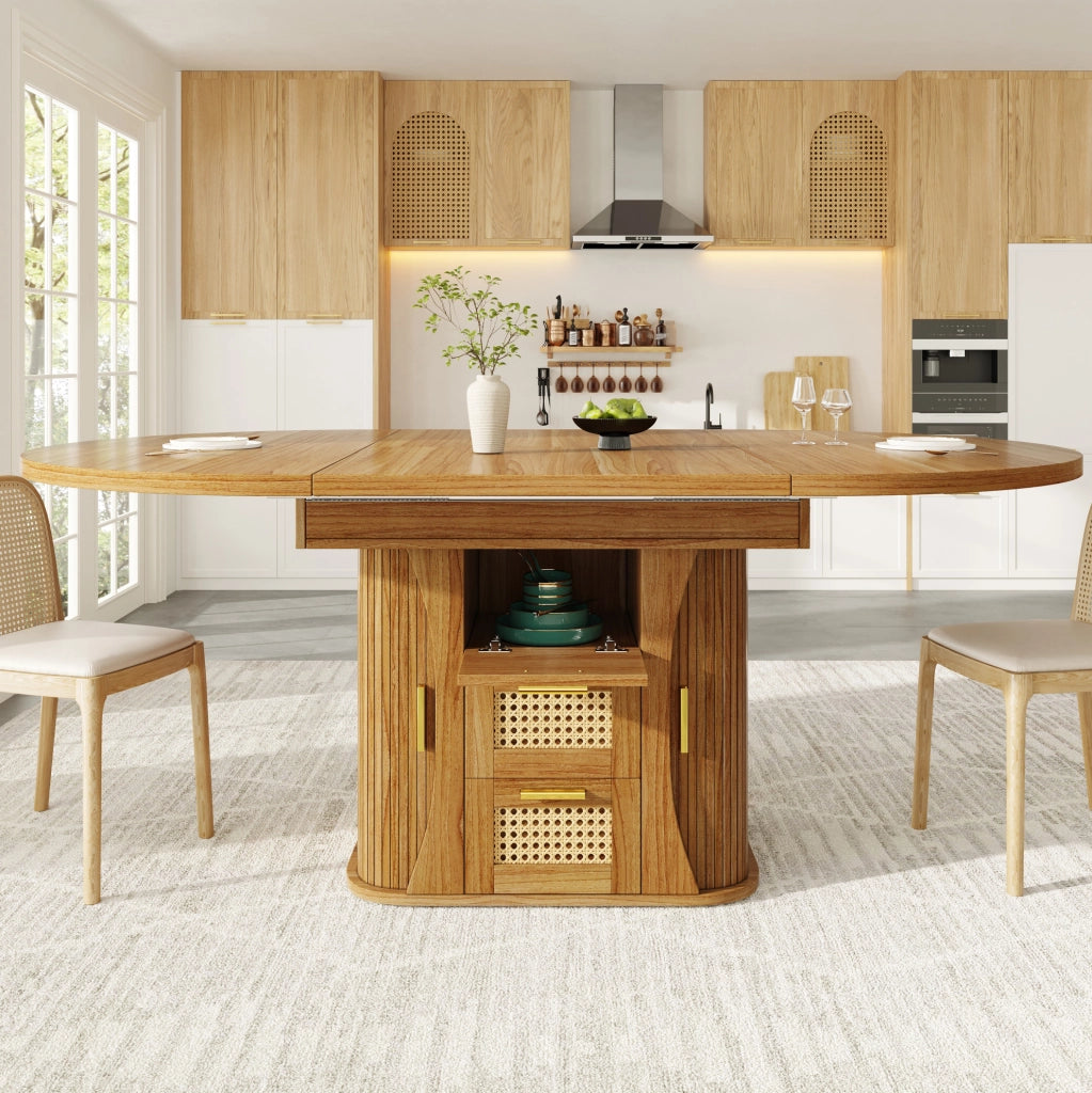 Tavolo da pranzo allungabile con cassetti in rattan, MDF effetto legno, 118-158 cm, nero/naturale/marrone