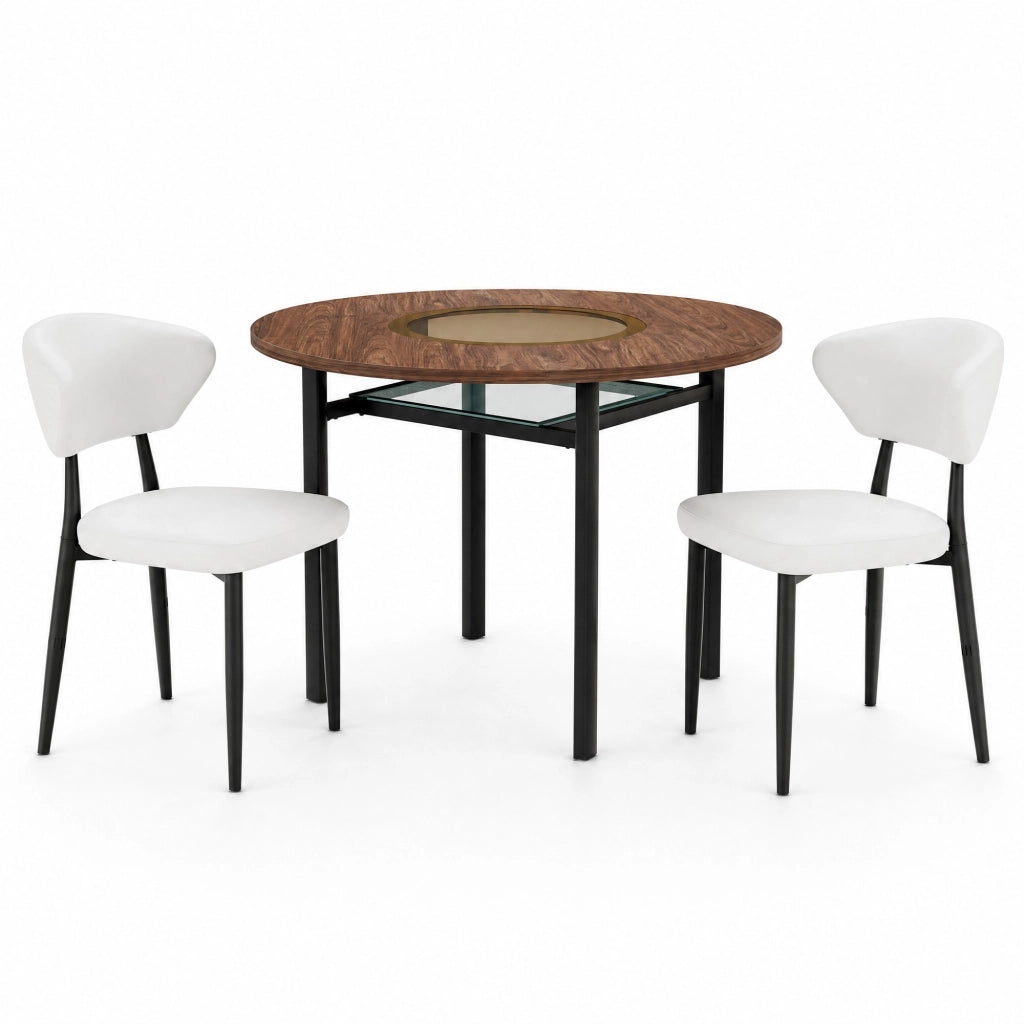 Set tavolo da pranzo rotondo Ø100 cm effetto legno con inserto in vetro e 2 sedie bianche