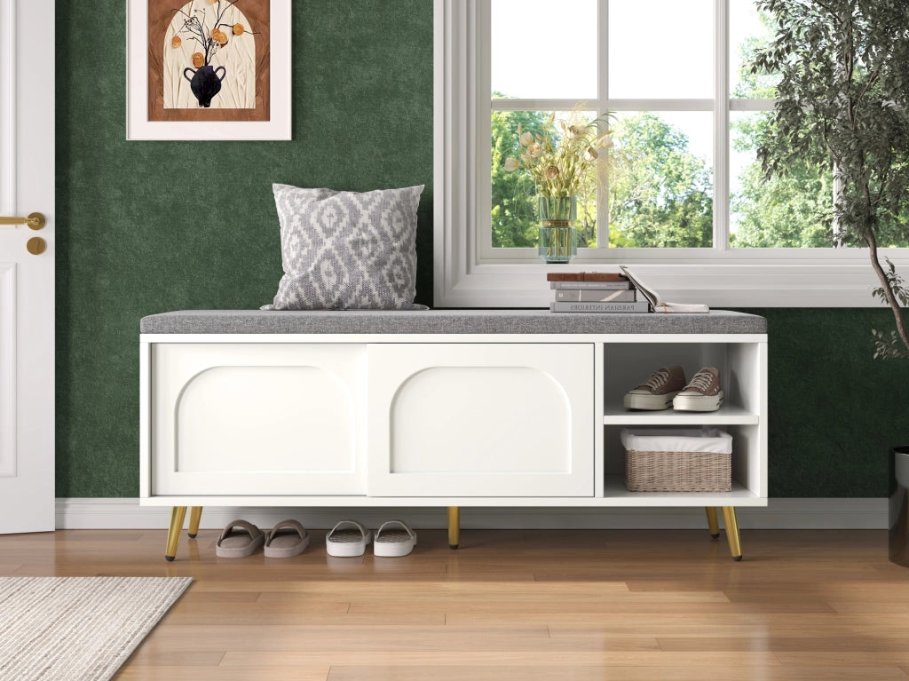 Panca Scarpiera con Cuscino Bianco 121x35x49 cm con Ampio Spazio di Archiviazione e Sicurezza Antiribaltamento