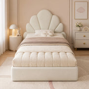 Letto singolo imbottito 90 ¡Á 200 cm con testiera a petali in velluto beige rete a doghe e tavolini laterali