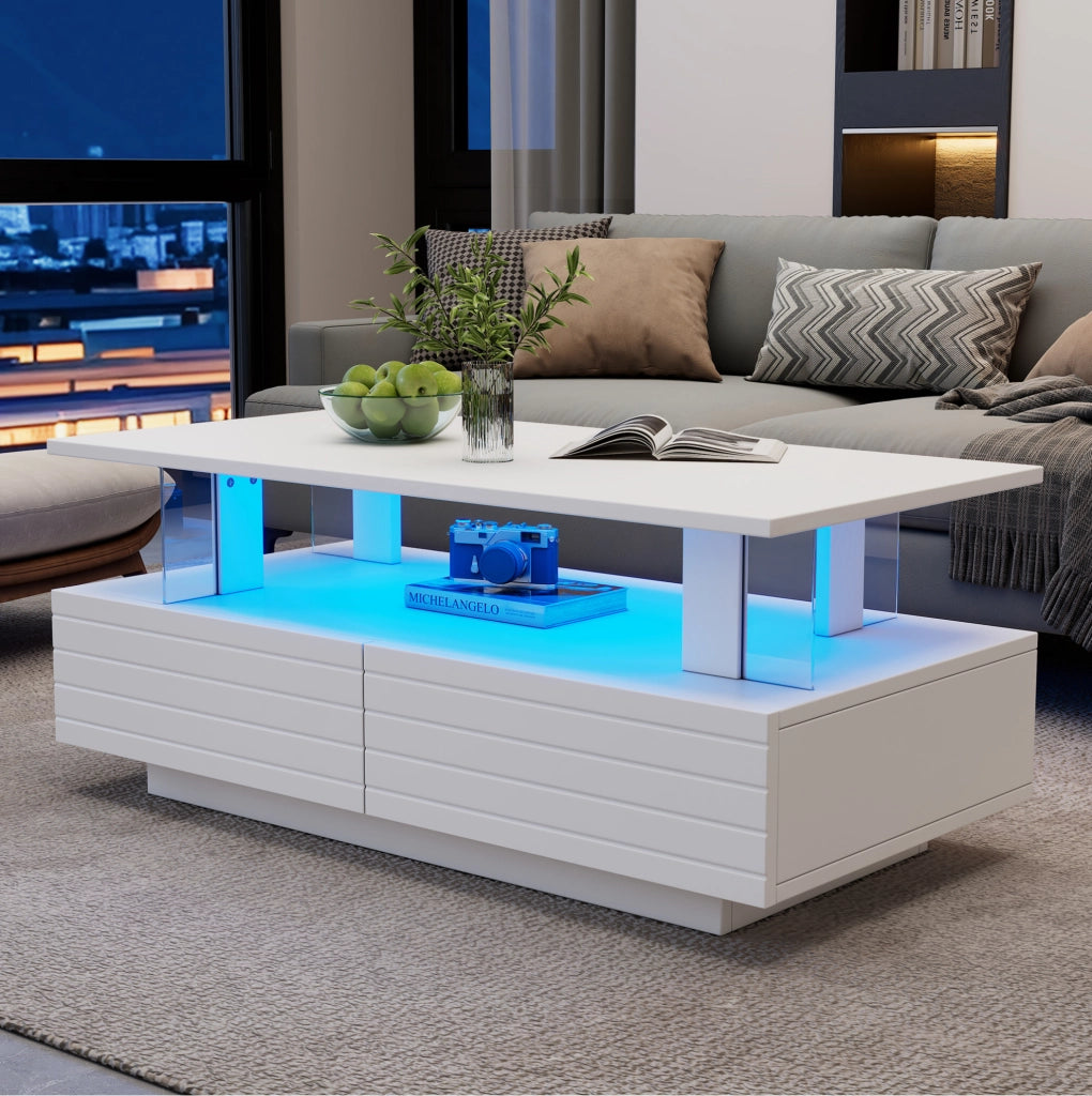 Tavolino da salotto LED bianco con contenitore e cassetti