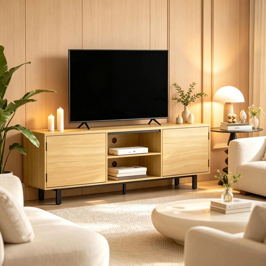 Mobile TV 160x35x55.5 cm con ante a pressione in pannello truciolare e metallo naturale e nero