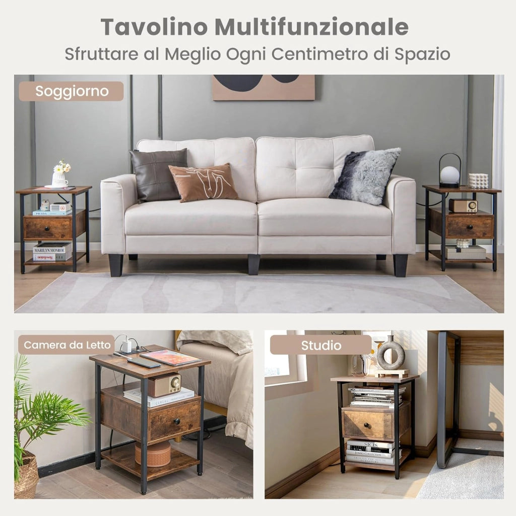 Comodino a 3 Piani con Stazione di Ricarica, Tavolino in Legno con Ripiani Aperti e Cassetto, Tavolino con Struttura in Metallo Robusto per Camera da Letto, Soggiorno e Studio, Naturale (2)
