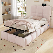 Letto per bambini imbottito con vano contenitore idraulico e USB tipo C in velluto rosa 90 × 200 cm