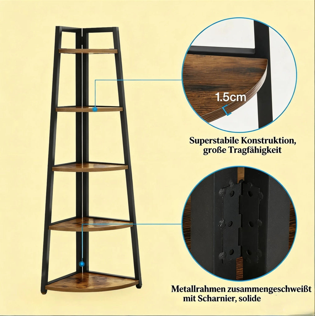 Scaffale angolare a 5 ripiani multipiano per libri e piante, struttura in legno e metallo