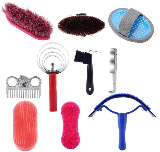 Kit di pulizia per cavalli - Set di spazzole per cavalli - 10 pezzi - Colorazione legno chiaro - Bellezza dei cavalli - Per la gara equestre - Portatile