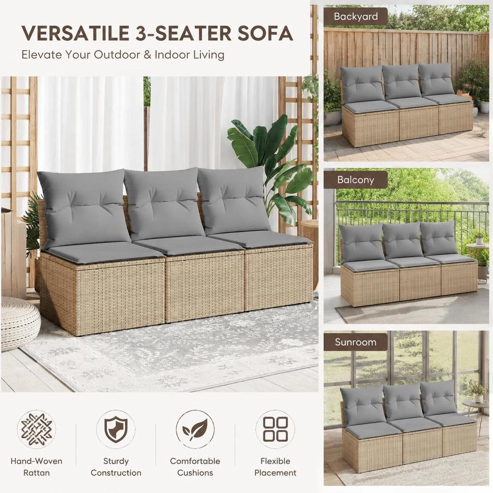 Garden Sofa With Cushions 3-seater Beige Poly Rattan