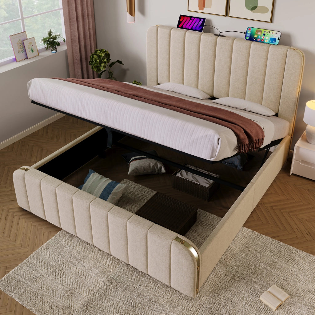 Letto contenitore 140 × 190 cm con testiera imbottita porte USB e Type-C struttura in metallo rivestita in lino beige