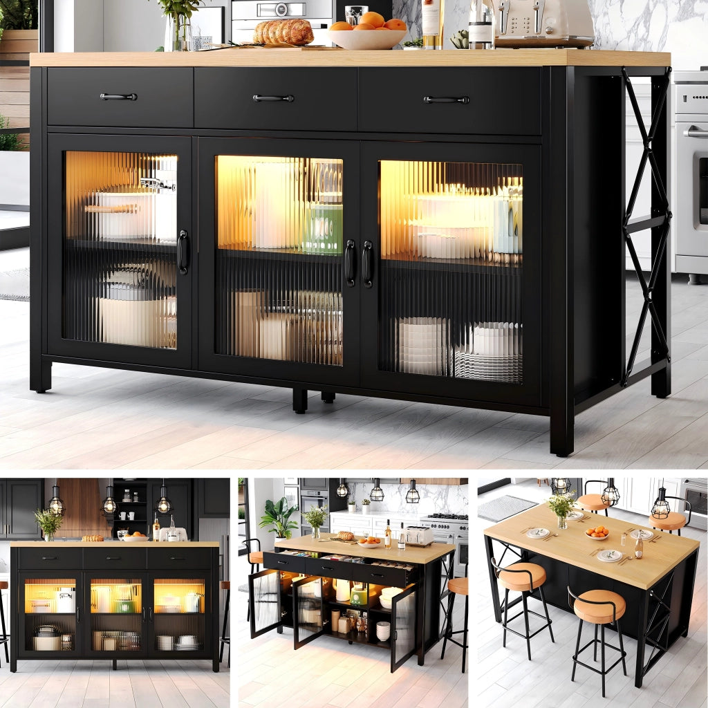 Isola da cucina con 3 cassetti; ante in vetro scanalato e piano 150 x 80 cm; nera e naturale