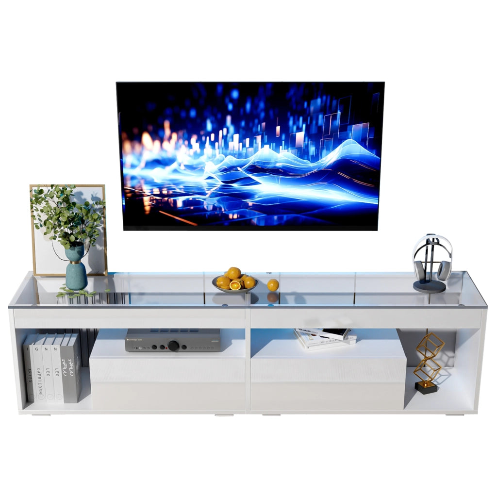 Mobile TV LED 180x40x46 cm con 2 cassetti e ripiani in vetro temperato bianco HOMVRA