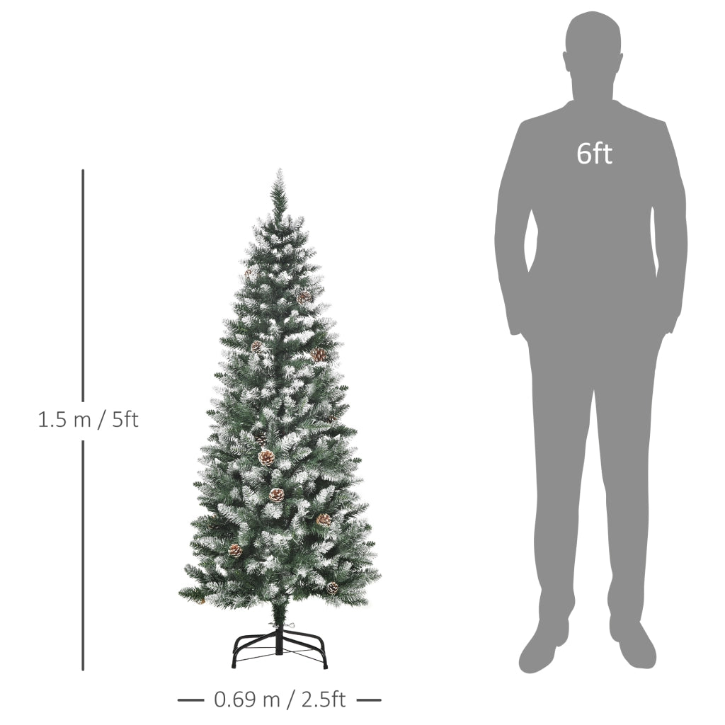 Albero di Natale Innevato 150 cm in Plastica e Metallo Verde e Bianco con 464 Rami e 28 Pigne Facile da Montare Robusto per Casa
