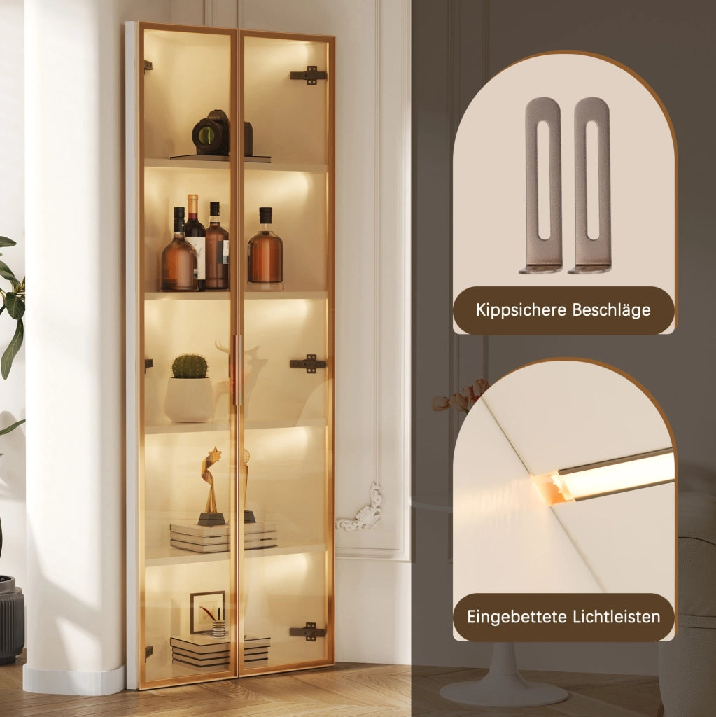 Vetrina angolare 62x35x160 cm con LED integrati; vetro temperato e MDF; bianco