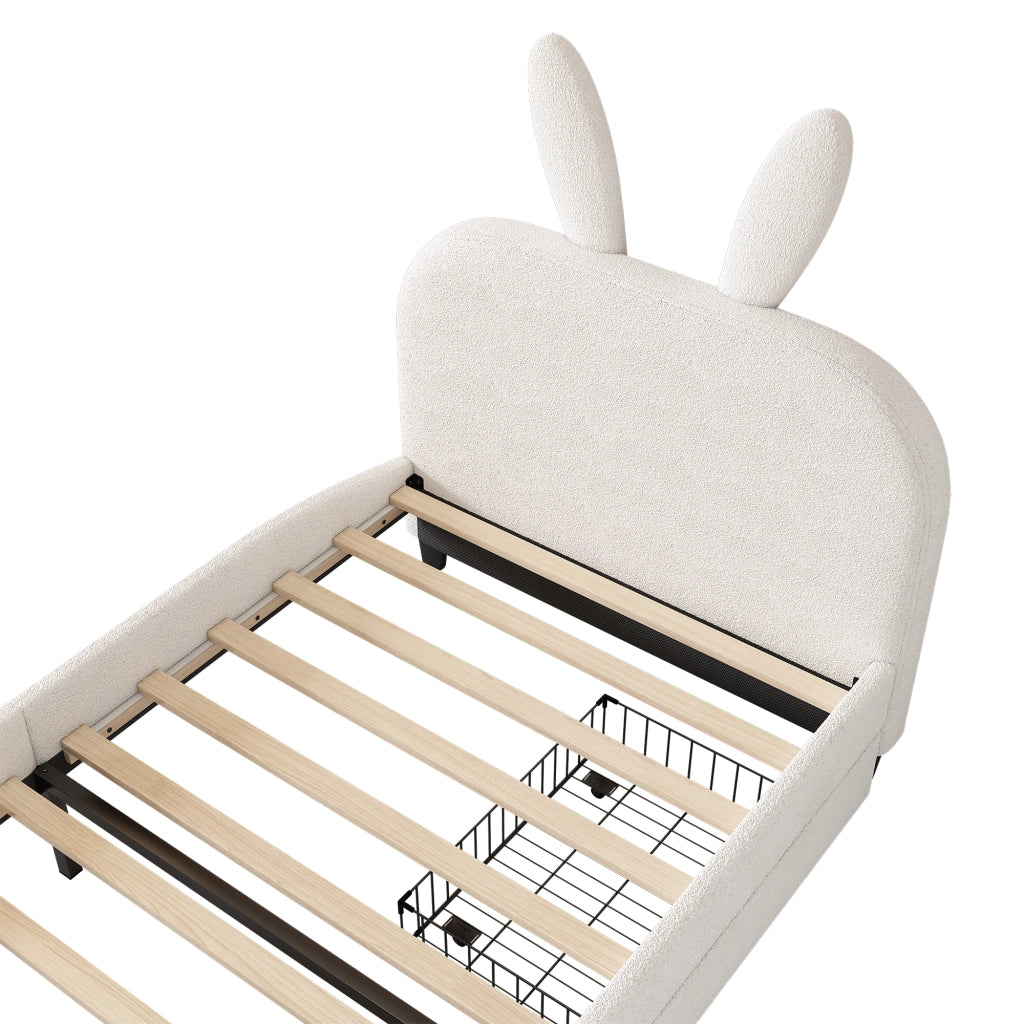 Letto per bambini 90x200 cm a coniglio con 2 cassetti in peluche e MDF bianco