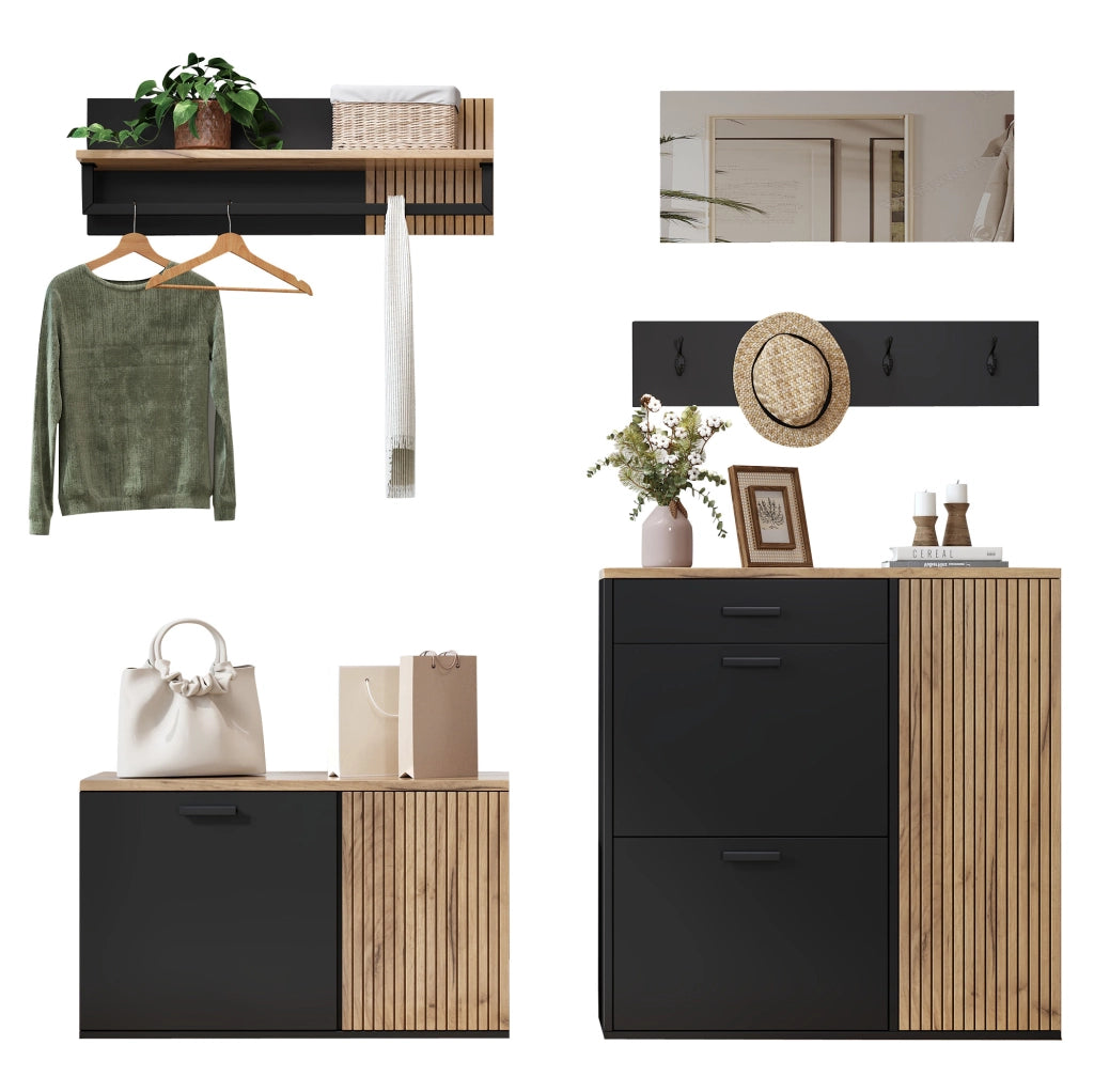 Set ingresso 5 pezzi, 85 x 36 x 85 cm e 80 x 36 x 48 cm, nero e legno
