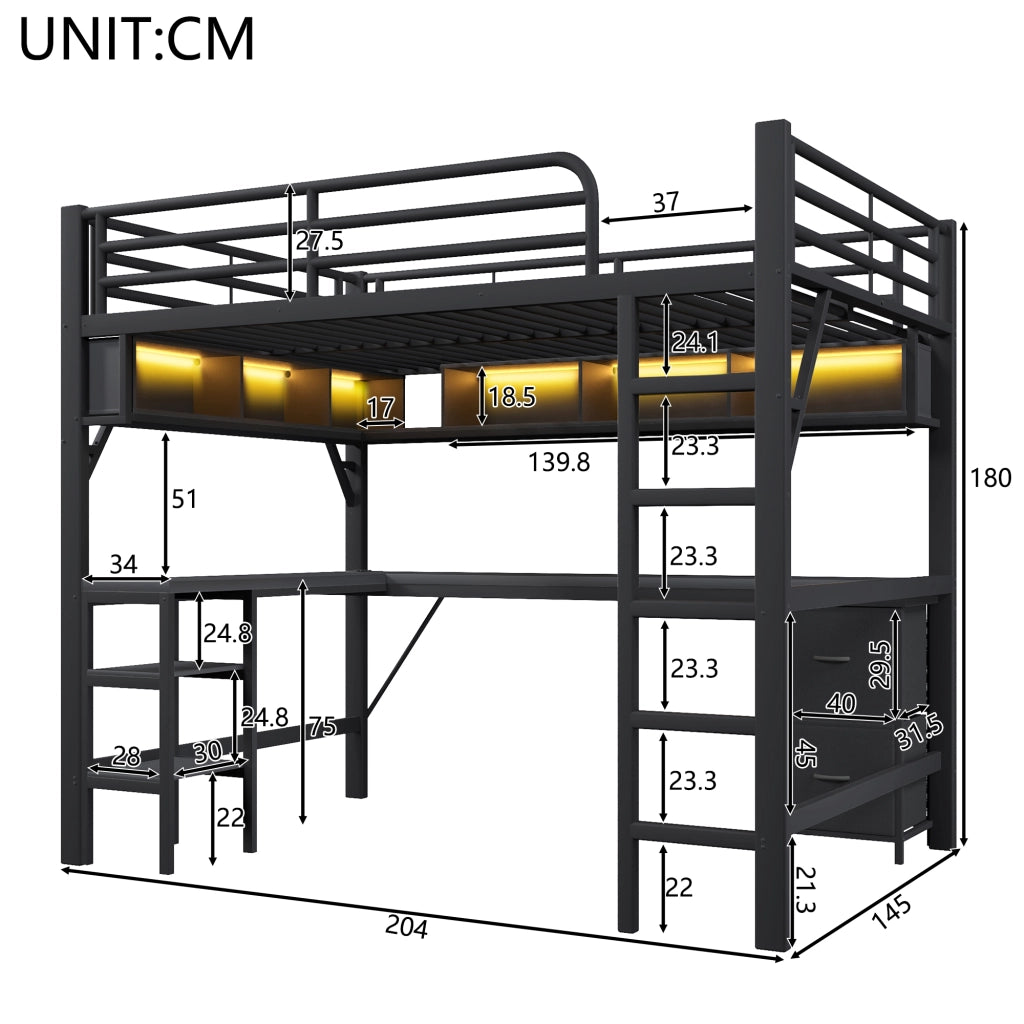 Letto a soppalco 140 × 200 cm con scrivania libreria armadio cassetti LED e stazione di ricarica USB nero