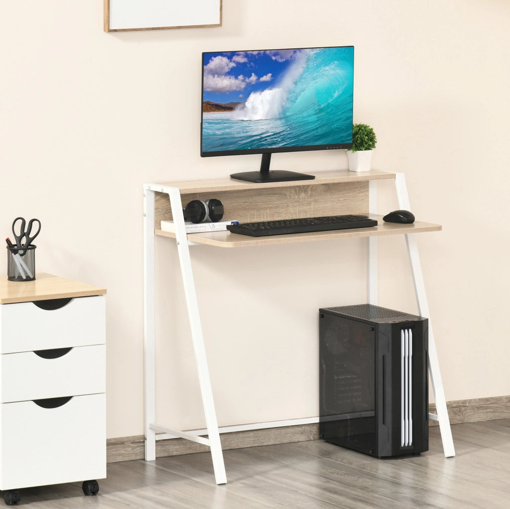 Scrivania moderna in metallo bianco con piano in MDF rovere 84x45x85 cm con vano portaoggetti e passacavi per home office